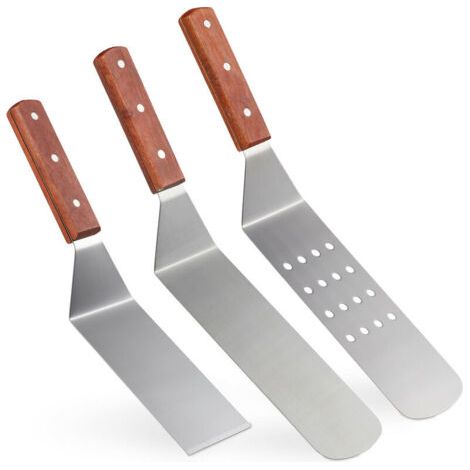 BUNTHAUS Spatule barbecue, set de 3, grill, hamburgers, cuisine, acier inoxydable, manche en bois, brun rouge