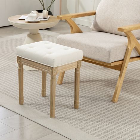 Pouf en lin, banc capitonné, repose-pieds avec assise rembourrée, pieds en bois, 42 x 32 x 46,5 cm, beige (1/3)
