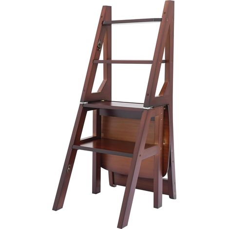 Escabeau pliable à 4 marches + chaise pliante en bois de pin, escabeau stable avec capacité de charge de 100 kg pour cuisine, entrepôt, jardin(Brun noyer)