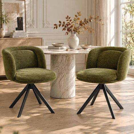 Wahson Lot de 2 Chaises Salle à Manger en Chenille, Pivotante à 360°,Chaise de Cuisine Assise Rembourrée, Épais avec Double Dossier pour Bureau Salon Chambre, Vert