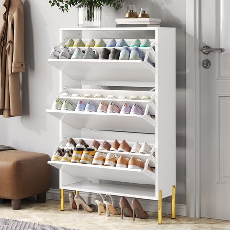Scarpiera 73x24x120 cm bianca in MDF con gambe dorate e 3 ante, design salvaspazio senza maniglie (1/5)