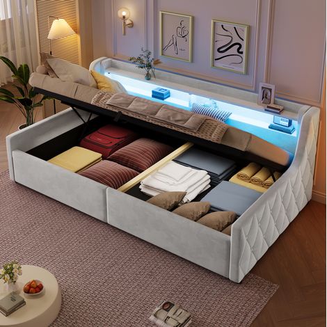 Letto singolo 90x200 cm con contenitore idraulico, testiera LED multicolore, rivestimento in flanella, bianco panna (1/5)