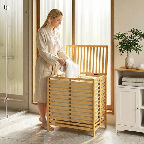 Bambus-Wäschekorb mit Deckel, 2 Körbe, faltbar, 64L, Natur und Cremeweiß
