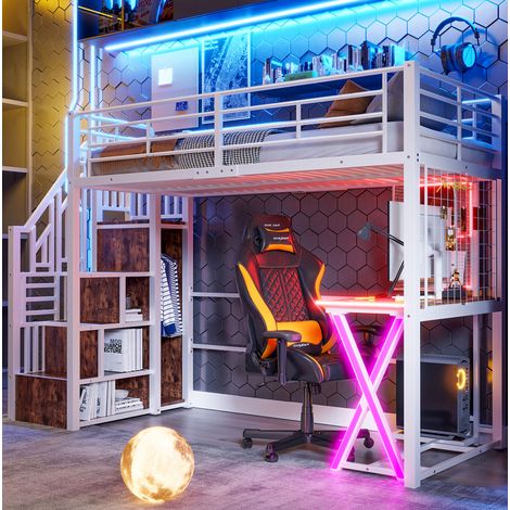 Lit mezzanine 90x200 cm mĂ©tal et MDF blanc avec LED, bureau, rangement pour studio â MEUBLIV (1/5)