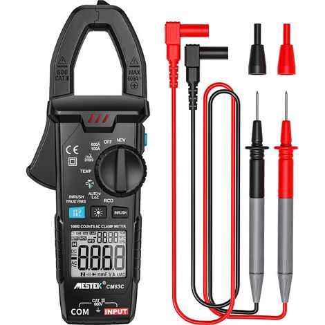Pince ampèremétrique Mestek AC, multimètre True RMS 10 000 points AC 600 A, mesure la tension AC et DC, la résistance, la capacité et les diodes, avec LOZ/Auto-V, RCD/GFCI (1/5)
