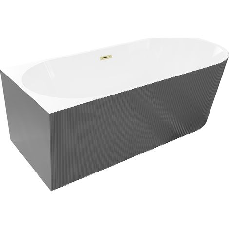Mexen Silo Freistehende Badewanne, linke Eckversion, geriffelt, 150 x 75 cm, weiß/grau, Überlauf gebürstetes Gold (1/5)