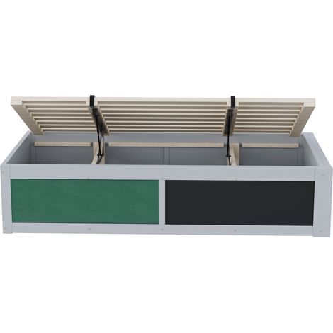 Lit enfant en bois gris 90 x 200 cm avec coffre hydraulique, tableau et rangement livres (1/5)