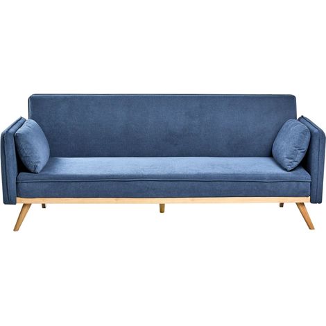 Divano letto in tessuto blu a 3 posti con struttura in legno braccioli gambe in metallo Asaa (1/5)