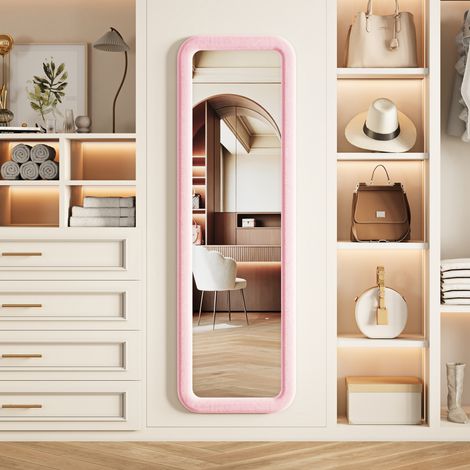 Miroir pleine longueur 160×50 cm, rectangulaire à coins arrondis, rose, mural ou sur pied, style français romantique
