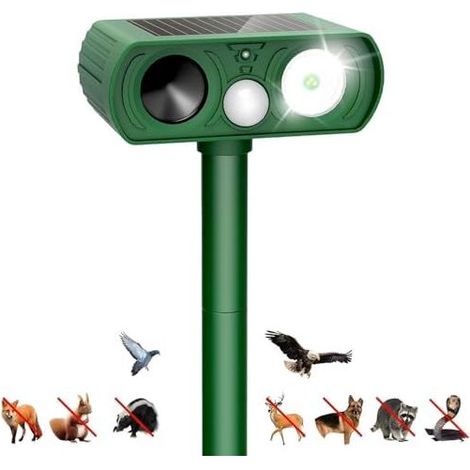 Solarbetriebenes Katzenabwehrgerät für den Außenbereich, Ultraschall-Abwehrgerät, für Katzen, IP54, wehrt mit Bewegungsmelder und LED ab, gegen Katzen, Hunde, Mäuse, Waschbären, Füchse, Vögel, Ratten, (1/5)