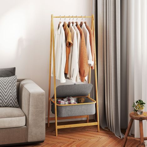 Pliage en bambou Âne 60x44,5x157,5 cm Gris avec panier en tissu avec couvercle pour la chambre d’entrée du couloir