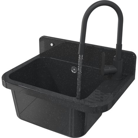 Évier Utilitaire en Granit Noir PARON avec Mitigeur Flexible et Siphon pour Buanderie, Garage, Chaufferie – Kit Complet