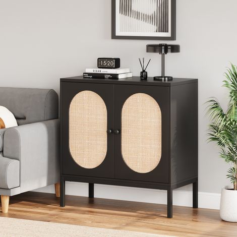 Buffet console en rotin moderne - portes vitrées, étagères réglables, bois