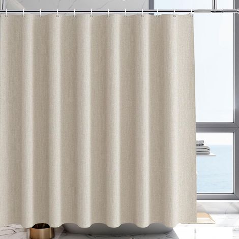 1 Rideau de douche, Lin synthétique, Hydrofuge, 200x220 cm, Beige, Salle de bain