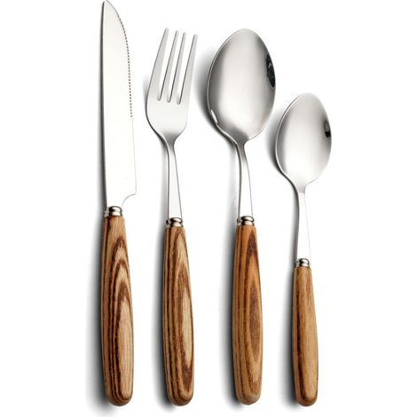 Ensemble de 4 couverts en bois avec manche en bois naturel, ensemble de couverts en acier inoxydable 304 (1/4)