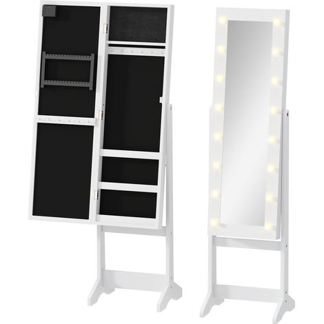 Armoire à bijoux sur pieds avec miroir, boîte de rangement multi-compartiments, éclairage LED intégré, blanc (1/5)