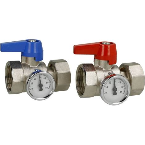 Set de vannes droites pour collecteur de chauffage, avec thermomètre, femelle 1'' (26/34)