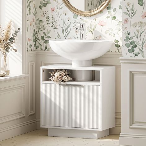 Mueble bajo Lavabo con 2 Puertas Acanaladas y Compartimento Abierto para Lavabo sin Pedestal 60x33x63 cm Blanco (1/5)