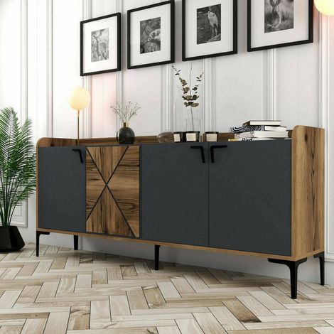 Dmora - Kommode Dilici, Wohnzimmerbuffet, Wohnzimmer-Sideboard, Moderne Küchen-Speisekammer, 180x35h78 cm, Walnuss und Anthrazit (1/5)