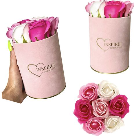 Flowerbox Inspiruj - Scatola rosa con rose di sapone - n. 11 mix di fucsia e rosa (1/5)