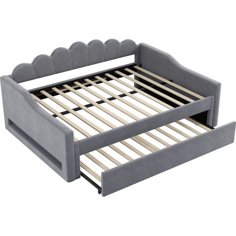 Letto da riposo imbottito 140 x 200 cm grigio con letto estraibile e striscia LED (1/5)