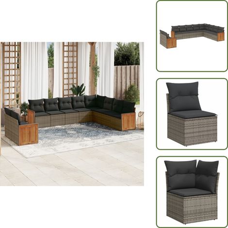 10-tlg. Garten-Sofagarnitur mit Kissen Grau Poly Rattan - Gartensortiment - Gartenmöbel - Lounge Möbel - Rattan Gartenmöbel - Polyethylen Gartenmöbel (1/5)