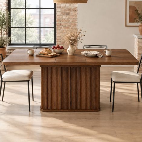 MODFU – Tavolo allungabile 140-180x80x76,5 cm in MDF/metallo con vano contenitore integrato e patini regolabili, carico 60 kg – Marrone scuro (1/5)