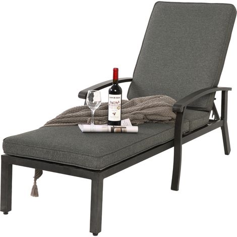 Chaise longue de terrasse, Angle réglable – Aluminium anti-rouille – Coussins en coton gris imperméables – Idéale pour bord de piscine – 1 pièce