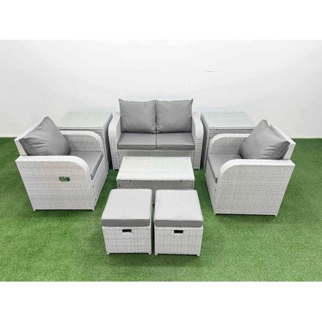 Fimous Light Grey PE Wicker Rattan Garden Furniture Set Sofa Set Reclining Adjustable Chair Rectangular Coffee Table 6 Seater 2 Small Stools 2 Side Table (1/4)