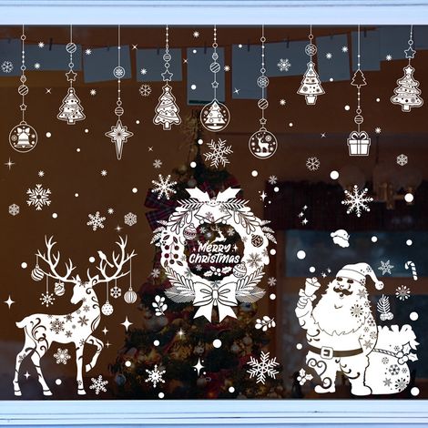Autocollants Père Noël, pendentifs couronne de rennes, autocollants statiques flocons de neige blancs, décorations de Noël, autocollants pour fenêtres.