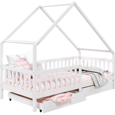 Idimex – Lit cabane asymétrique 90 x 200 cm – Tiroirs de rangement – Pin massif lasuré blanc – Barrières de protection incluses