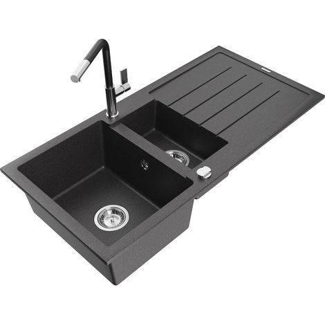 Mexen Andres fregadero de granito de 1,5 senos con escurridor y grifo de cocina Flora, negro moteado - 6515-76-670401-07 (1/5)