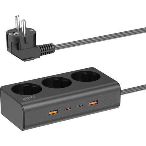 Multiprise USB 3 Prises avec 4 Ports USB Chargeur de Voyage (PD 20W Ladeleistung) Design Minimaliste Multiprises avec Cable 1.5m pour Smartphone, Maison, Bureau-Noir (1/5)