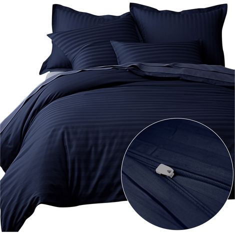 Bettwäsche-Set 180x200 Satin 100% BAUMWOLLE marineblau mit klassischen Streifen (1/5)