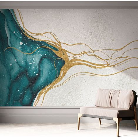 Papier peint adhésif autocollant pour salon chambre à coucher peint imprimé Installation facile Lignes turquoise 312x219 cm (1/5)