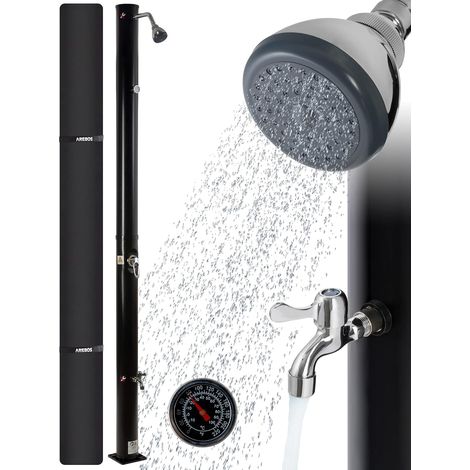 Arebos Solardusche 20 Liter 221 cm mit integriertem Thermometer runder Duschkopf mit Fußdusche Gartendusche mit Gartenschlauch-Anschluss Snap-In-Technologie inkl. Montagematerial Schwarz