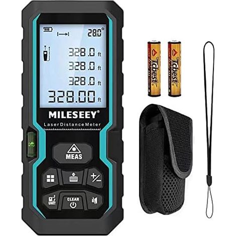 Digitaler Laser-Entfernungsmesser, 100 m/328 ft Laser-Entfernungsmesser mit elektronischer Wasserwaage und LCD-Hintergrundbeleuchtung, IP54 m/in/ft/ft+in pythagoräische Messung von Entfernung, Fläche, (1/5)