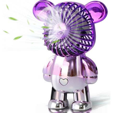 Ventilador de mesa portátil con forma de oso, mini silencioso, de tres velocidades, alimentado por USB y con acabado galvanizado.