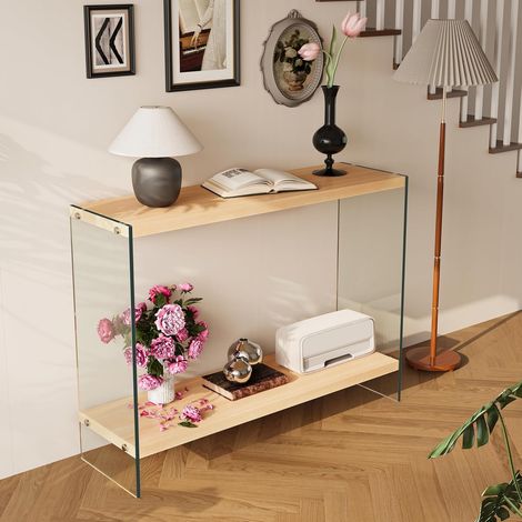 100cm Tavolo Consolle ingresso 2 Ripiani in Legno e Vetro Temperato (1/5)