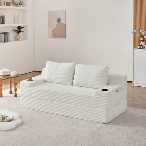 Diván cama tipo banco 2-en-1 en pana con portavasos integrados, bolsillos de almacenamiento y 2 cojines - beige (1/5)