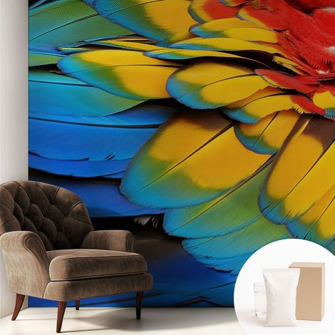 Papier peint intissé mural avec imprimé motifs uniques apparence moderne - Colle incluse gratuite Plumes arc-en-ciel 250x250 cm (1/5)