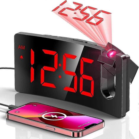 Réveil à projection, horloge numérique avec projecteur rotatif à 180°, réglage de la luminosité sur 3 niveaux, projection numérique rouge -YRed (1/5)