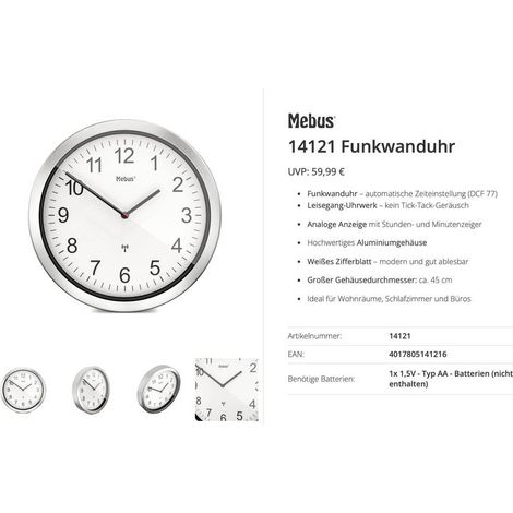 Horloge radiopilotée Mebus 14121 radiopiloté(e) 45 cm aluminium mécanisme d'horloge silencieux