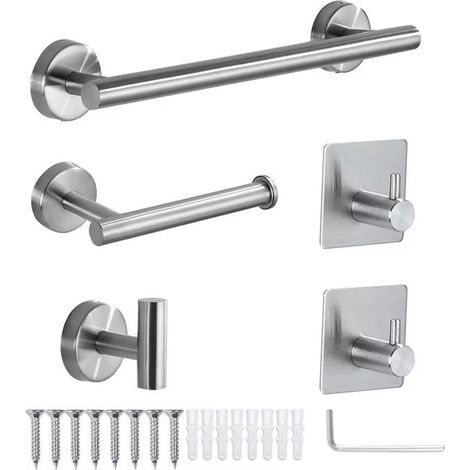 Juego de accesorios de baño, 5 piezas, toallero, portarrollos de papel higiénico, gancho adhesivo, juego de baño multifuncional, plateado (1/4)