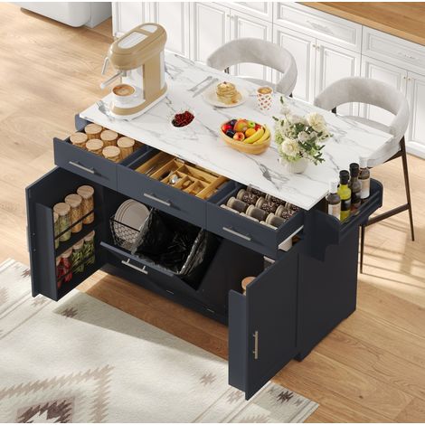 Isla de cocina móvil plegable con 3 cajones, almacenamiento y MDF gris HAVRYA (1/5)