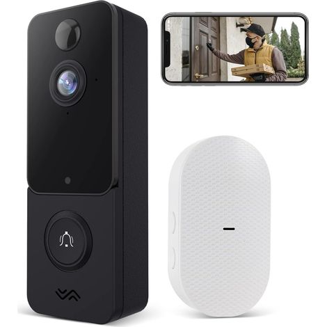 Sonnette vidéo sans fil avec caméra HD 1080p, Wi-Fi, batterie, vision nocturne, communication bidirectionnelle et stockage cloud. (1/5)