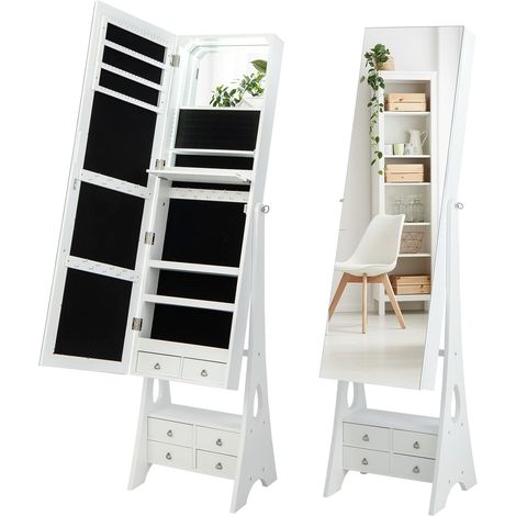 Goplus – Armoire à bijoux autoportante avec miroir pleine longueur – Éclairage LED intégré – 72 emplacements pour boucles d'oreilles – 3 étagères de rangement (1/5)