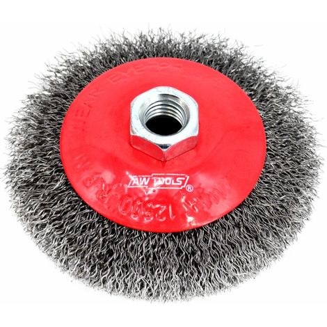 Awtools, Cepillo cónico 125 mm, herramienta de limpieza, ideal para eliminar óxido y pintura, alta calidad, rosca M14, para trabajos industriales, color metálico