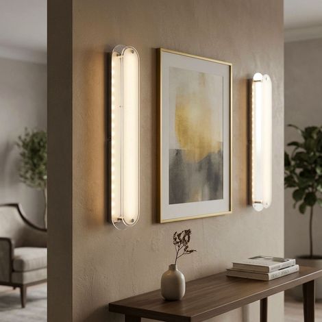 LED Wandleuchte Glas satiniert Spiegelleuchte Chrom Wandlampe Wohnzimmer, 9W 492Lm warmweiß, LxBxH 47x8x6 cm, 2er Set (1/5)