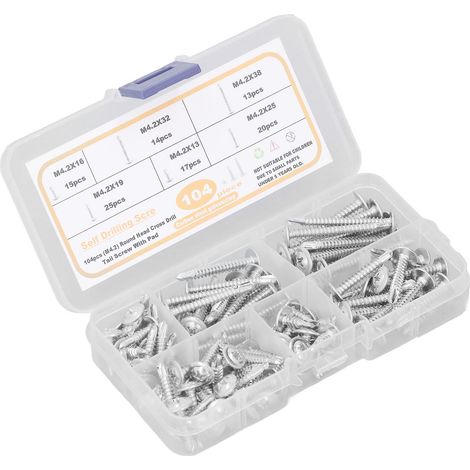 Vis M4.2 tête fraisée ronde avec rondelle, lot de 104 pièces, acier carbone, autoforeuses à bois et métal, pour électroménager et bricolage. (1/5)